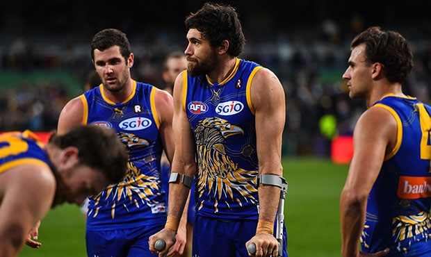 AFL 2017 Round 10 - West Coast v GWS Giants PERTH, AUSTRALIA - MAY 28: Josh Kennedy of the Eagles leans on crutches during the 2017 AFL round 10 match between the West Coast Eagles and the GWS Giants at Domain Stadium on May 28, 2017 in Perth, Australia. (Photo by Daniel Carson/AFL Media)
